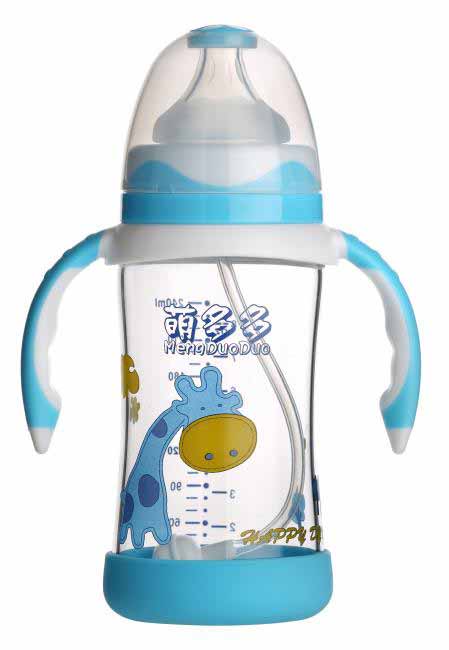 萌多多寬口直身晶鉆玻璃240ml雙色蘭白底防護(hù)自動(dòng)奶瓶