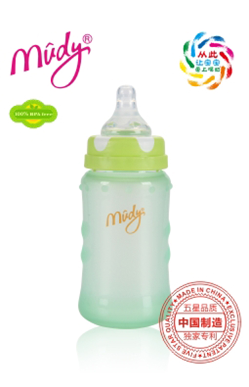 麥地寬口感溫硅膠防爆玻璃奶瓶240ML(草綠色)