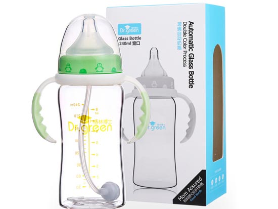 格林博士寬口玻璃自動奶瓶240ML綠色