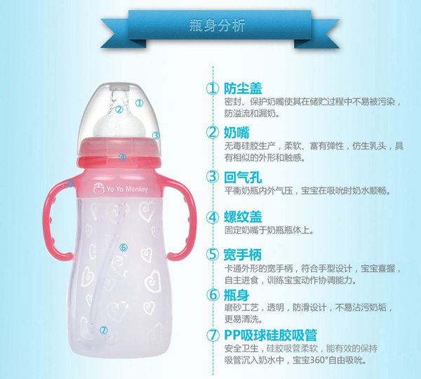 優(yōu)優(yōu)馬騮寬口硅膠奶瓶紅色