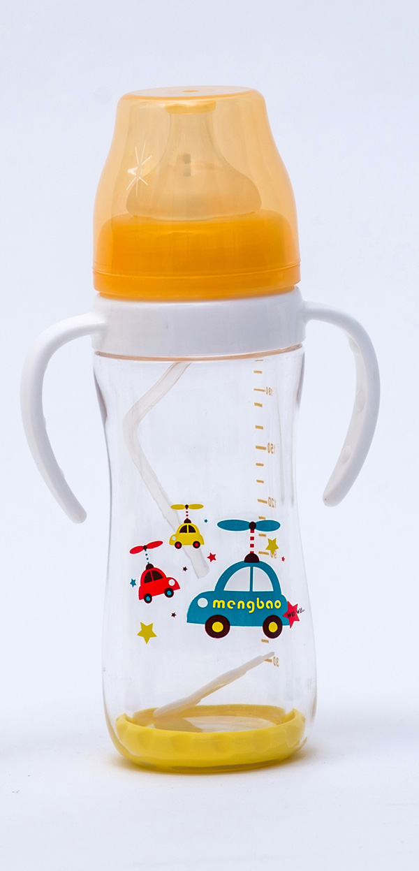 盟寶雙層抗摔玻璃奶瓶不透明蓋-黃色