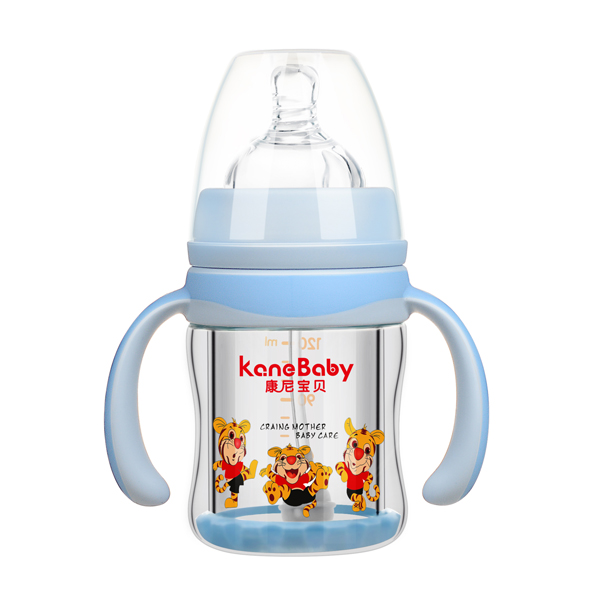 康尼寶貝弧形寬口有柄自動防爆玻璃奶瓶120ml 藍(lán)色