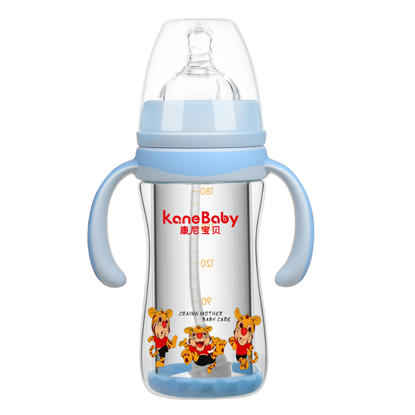 康尼寶貝弧形寬口有柄自動防爆玻璃奶瓶180ml 藍(lán)色