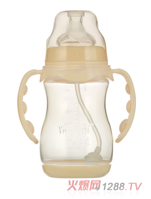 嬰之美寬口雙耳自動圓弧PP奶瓶帶底240ML乳白色
