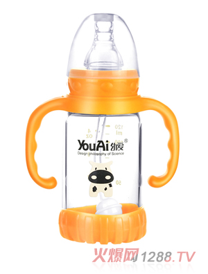 幼愛帶柄自動吸防摔感溫晶鉆玻璃標口奶瓶120ml