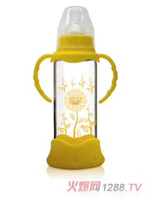 貝嬰奇240ml防爆感溫標口晶鉆玻璃奶瓶-黃