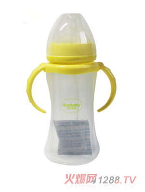 安心寶寶300ml寬口自動雙耳PP奶瓶黃色手柄