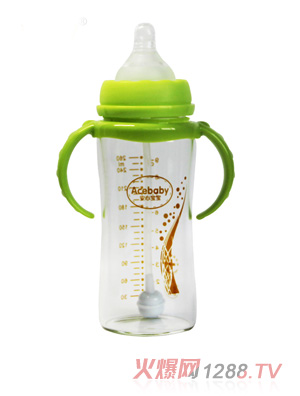 安心寶寶260ml寬口徑雙耳自動(dòng)高硼硅玻璃奶瓶綠色