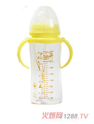 安心寶寶260ml寬口徑雙耳自動(dòng)高硼硅玻璃奶瓶黃色帶蓋