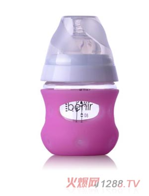 清素130ml寬口玻璃奶瓶（帶保護(hù)套+慢流量奶嘴）-玫紅色