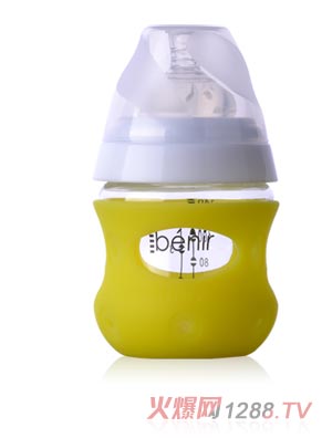 清素130ml寬口玻璃奶瓶（帶保護(hù)套+慢流量奶嘴）-黃色