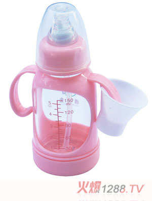 Happy100奶瓶帶手柄防摔玻璃奶瓶粉色