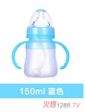 母愛(ài)寶寶全硅膠奶瓶yinge寬口徑帶吸管手柄防脹氣新生yinge寶寶藍(lán)