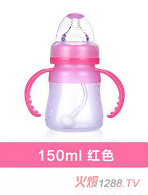 母愛(ài)寶寶全硅膠奶瓶yinge寬口徑帶吸管手柄防脹氣新生yinge寶寶紅